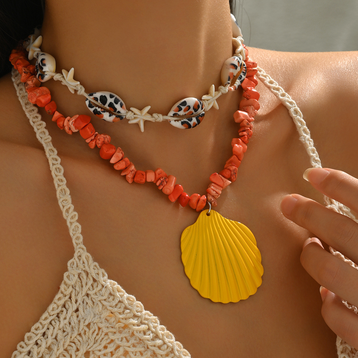 Summer Ocean Beach Style Shell Pendant Niche Design Starfish Stone Simple Layered Necklace Jewelry for Women