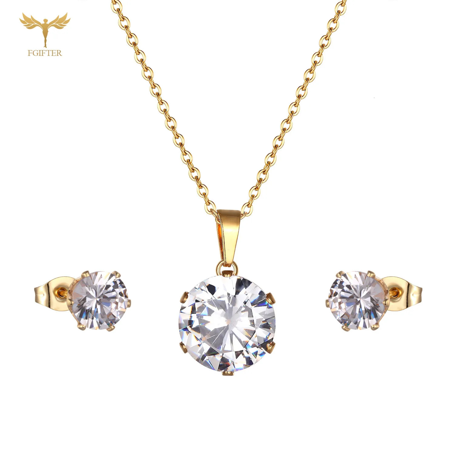 Geometric Zircon Stud Earrings Pendant Necklace Golden Stainless Steel Jewelry Set for Women Girls Accessories Christmas Gifts 250715