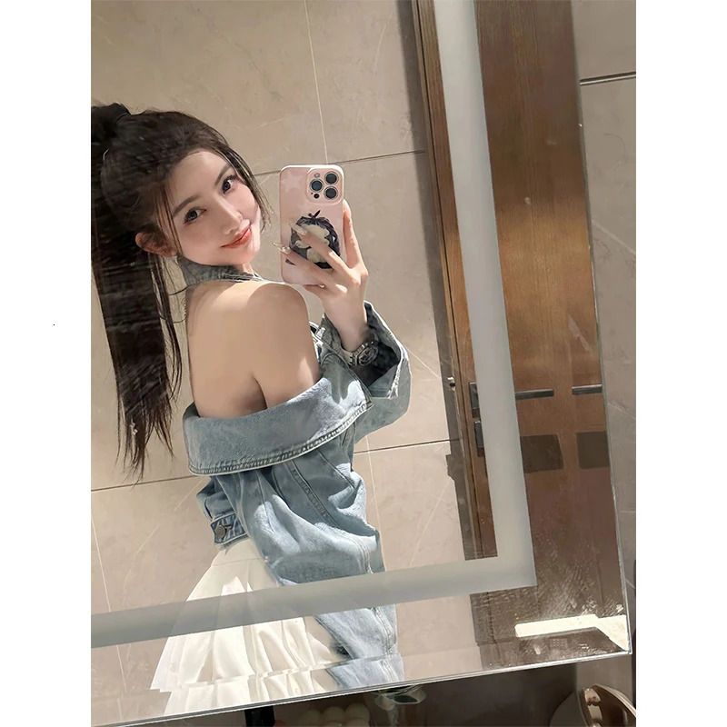 Y2K Cropped Denim Jackets Women Vintage Slash Neck Jeans Coat Streetwear Sexy Halter Long Sleeve Casual n Outerwear Tops 250728