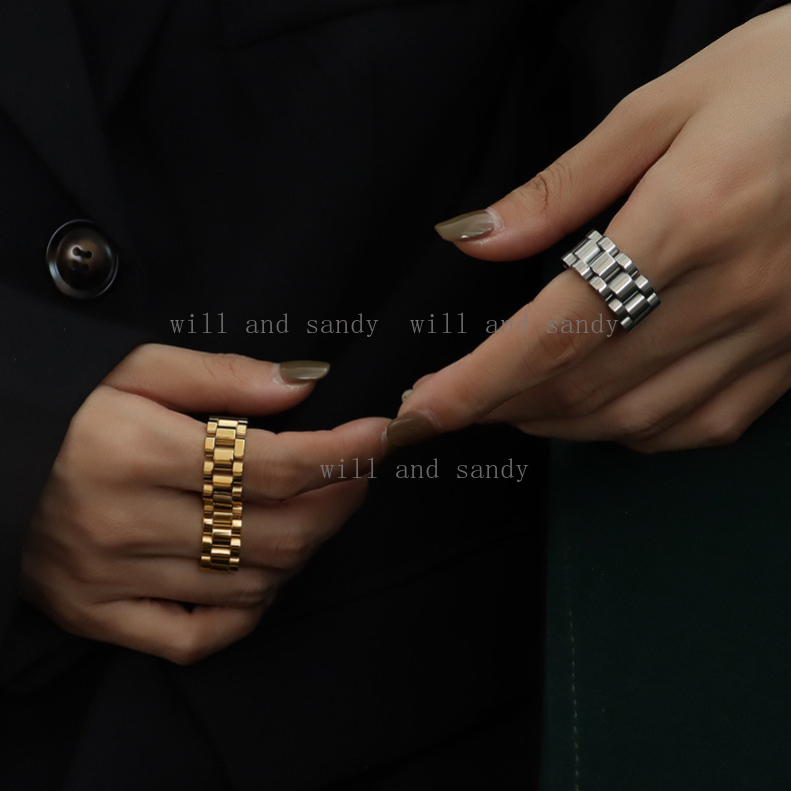 Mechanical Heavy 18K Gold Watchband Chain Ring Band Designer Jewelry No Tarnish Stainlss Steel Finger Tail Rings for Women Men Gift Fine Jewelry