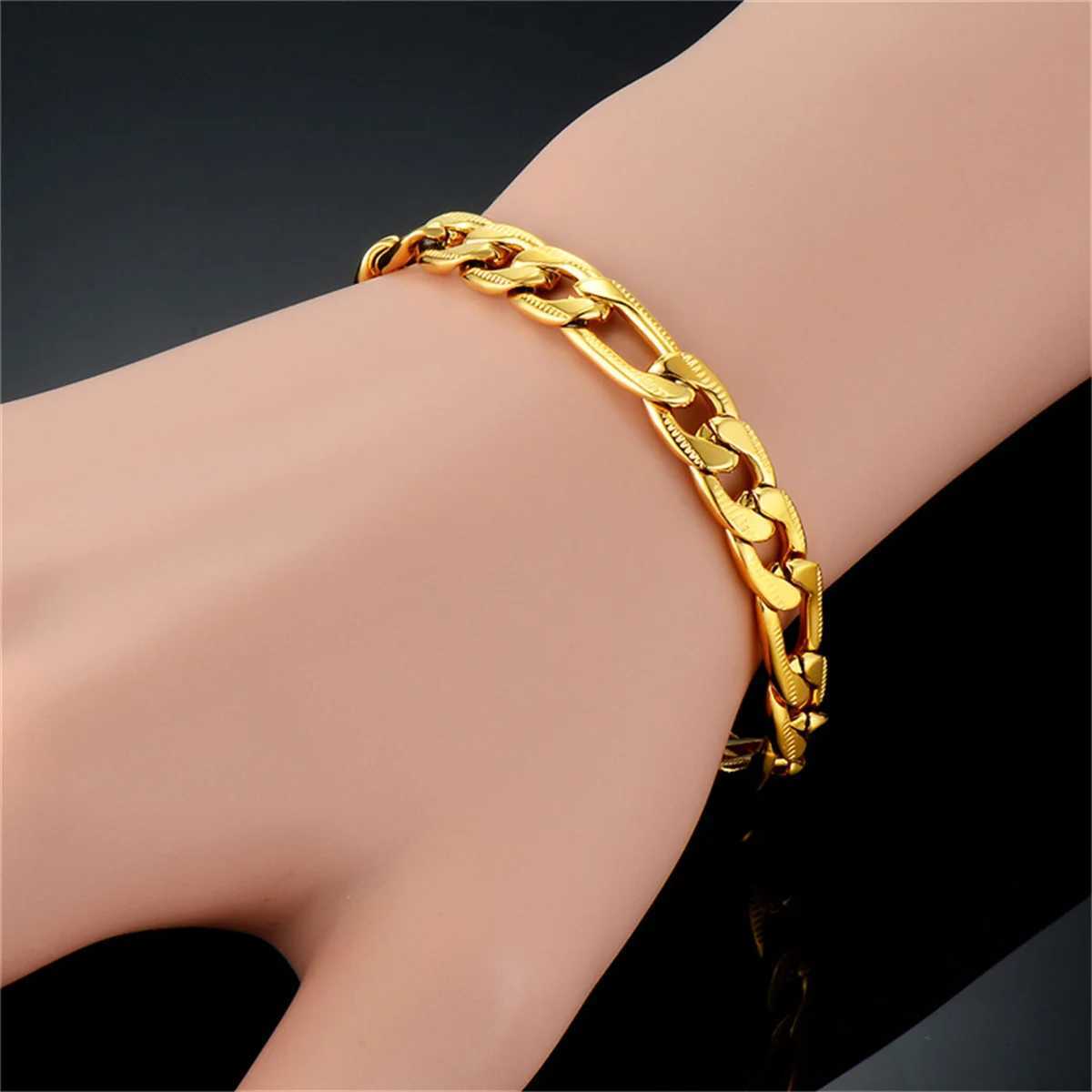 7mm Punk Embossing Figaro Chain Link Bracelet Gold Silver Color Stainless Steel Hand Chains for Women Men Fashion Jewelry Gift W250728