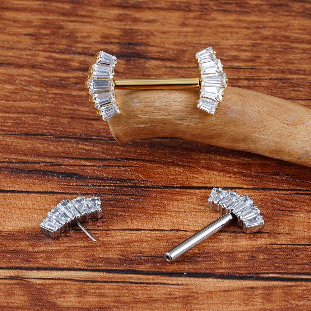 Right Grand ASTM 36 Threadless Push Pin Nipple Shield Barbell Ring with 5-Cluster Baguette CZ Crown Ends 250722