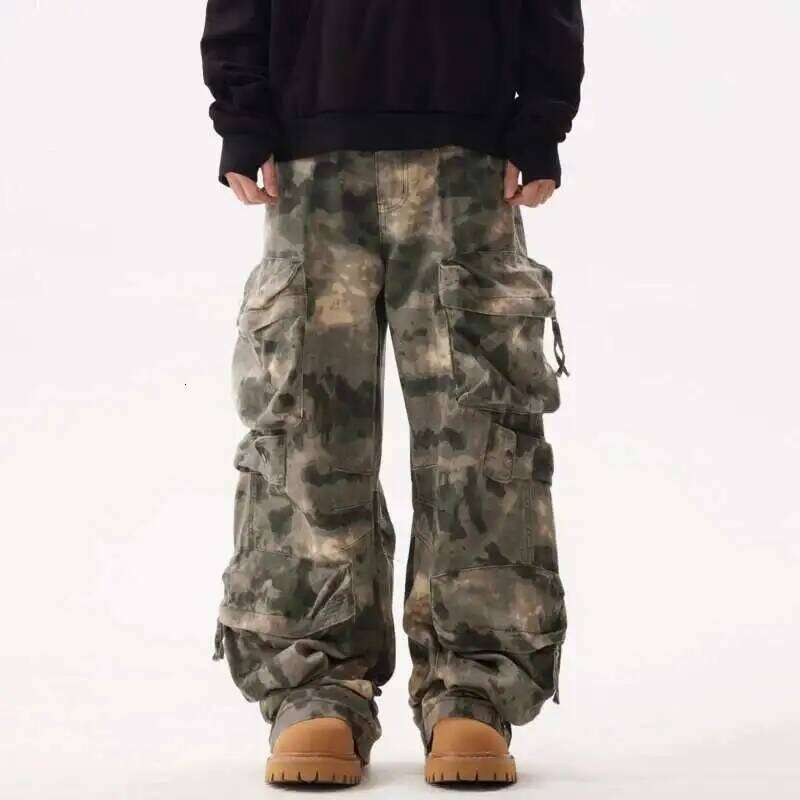 IEFB Camouflage Men's Wide Leg Pants High Street Three-dimensional Multi Pockets Bottom Tie Dye Cargo Trousers Spring 28W5107