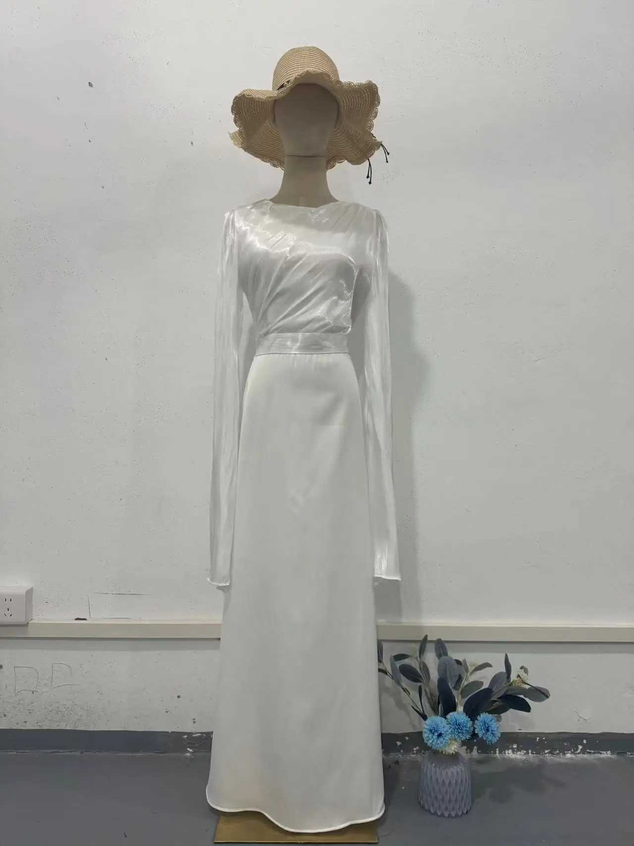 Summer Splicing Glass Yarn Pendulum Sleeve Long Satin Slim Dress for Women Z250728