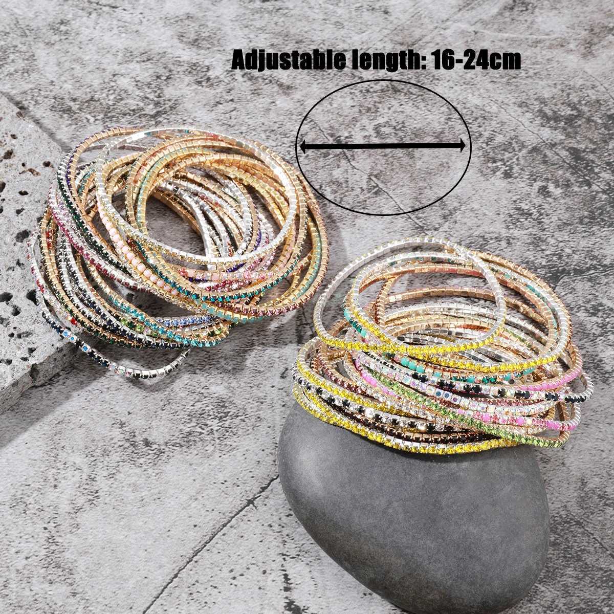 10/20pcs Colorful Sparkling Single Row Rhinestone Inlaid Adjustable Bracelet Set W250728