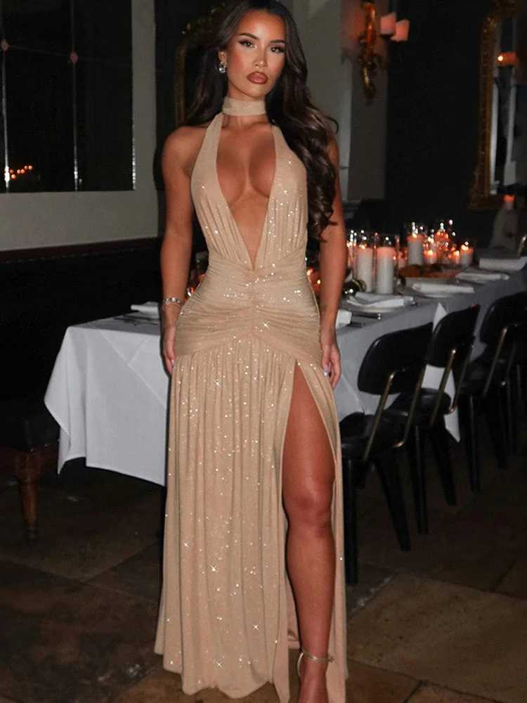 Julissa Mo Glitter Bright Silk Deep V-neck Women Maxi Dress Khaki High Slit Halter Dress Spring Slim Elegant Party Evening Dress Z250728
