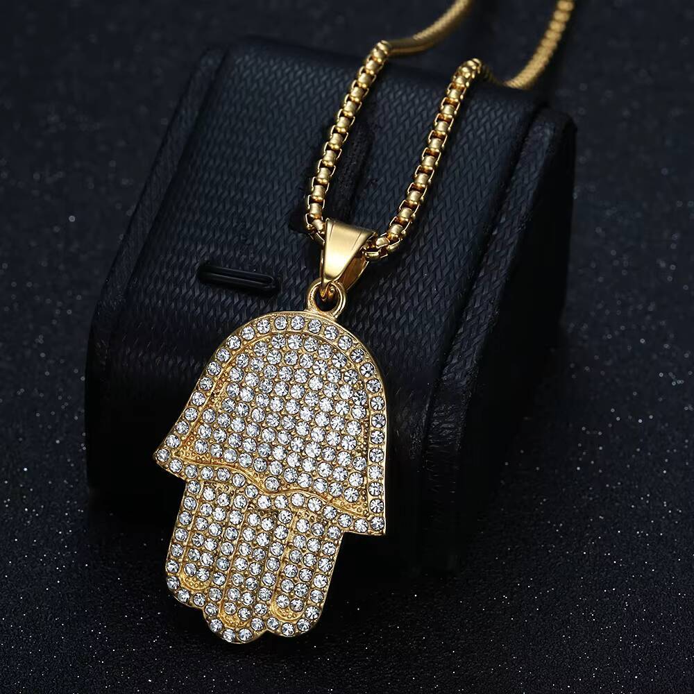 Hip Hop Mens Rock Punk Totem Amulet 18K Gold Plated Stainless Steel Hamsa Hand of Fatima Jewelry Charm Pendant
