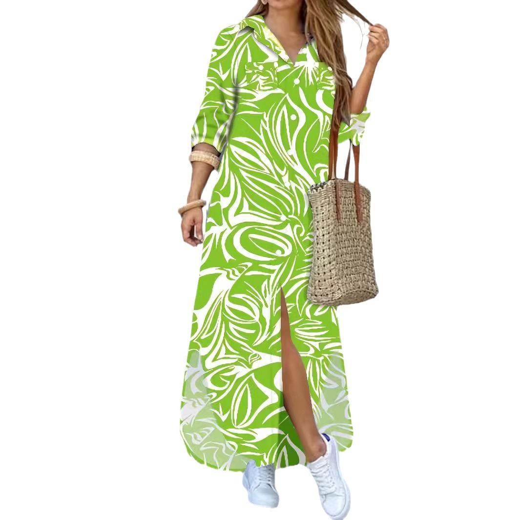 K727Printed Lapel Shirt Dress Loose Casual Long Dress