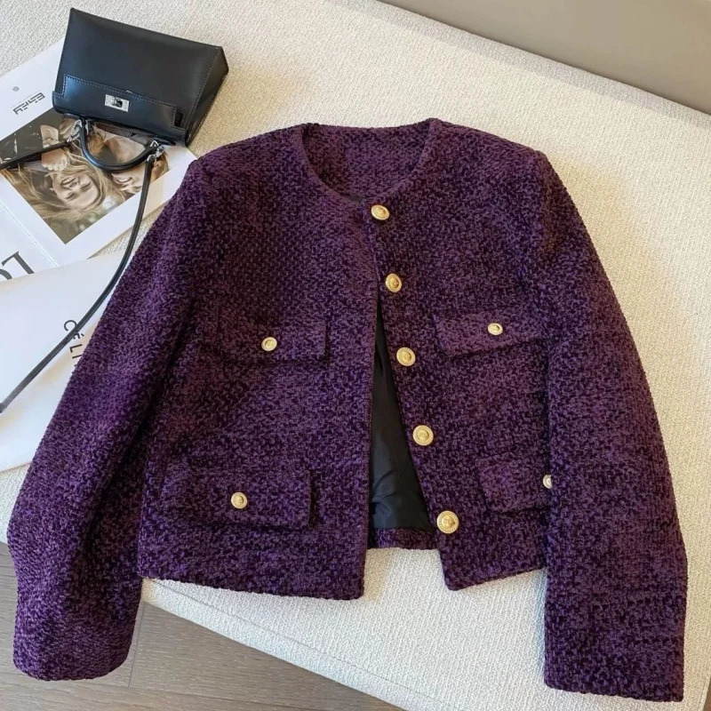 Limiguyue French Woolen Tweed Coat Small Fragrant Oneck Short Jacket Women Highend Metal Button Purple Tops Autumn Winter 012A 250728