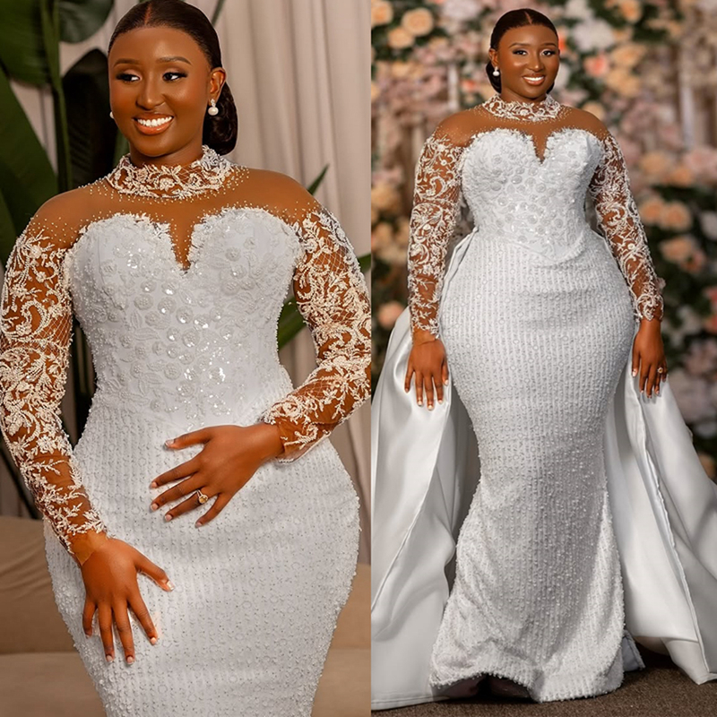 2025 Plus Size African Wedding Dress Bridal Gowns For Bride Detachable Train Mermaid High Neck Illusion Long Sleeves Beaded Lace Wedding Gowns For Bla