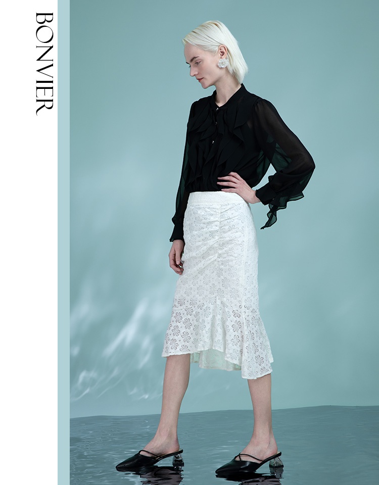 Women's White Lace Cocktail Skirts Wedding Guest 2025 Spring Ruffles Hem Little Mermaid Skirt Office Lady Wear 6111038