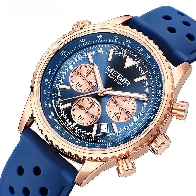 DHgargets MEGIR 2236 Men's Ultra-Thin Business Watch - 43.5mm Silicone Strap, Waterproof 30M, Luminous, Chronograph, Date