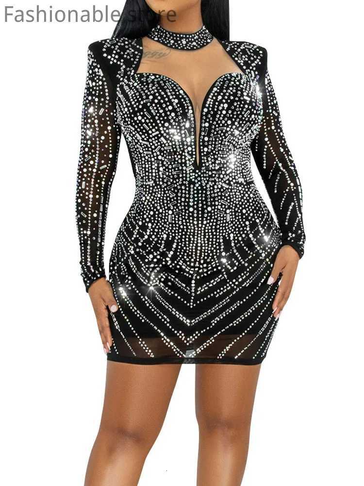 Women Sexy Mock Neck Hollow Rhinestone Long Sleeve Bodycon Dress Z250728