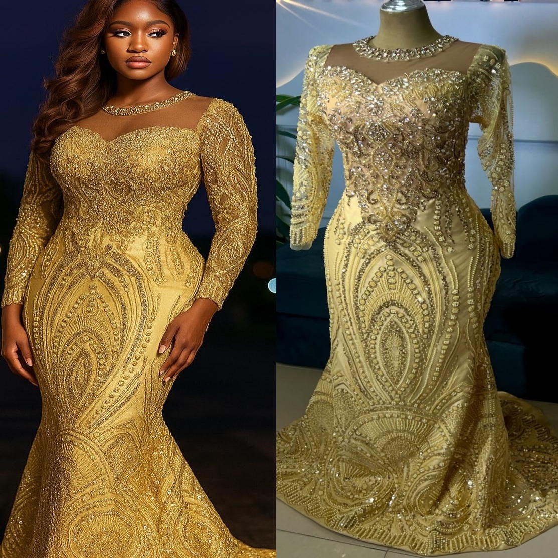 Gold Mermaid Prom Dresses 2025 Crystals Beaded Sheer Neck Sparkly Evening Formal Party Second Birthday Engagement Gowns Plus Size Dress For Special Oc