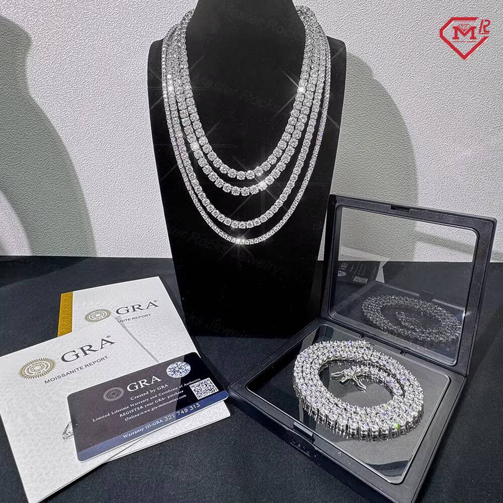 Stock 3MM 4MM Moissanite Tennis Chain Hiphop Jewelry 925 Silver Vvs Iced Out Tennis Necklaces