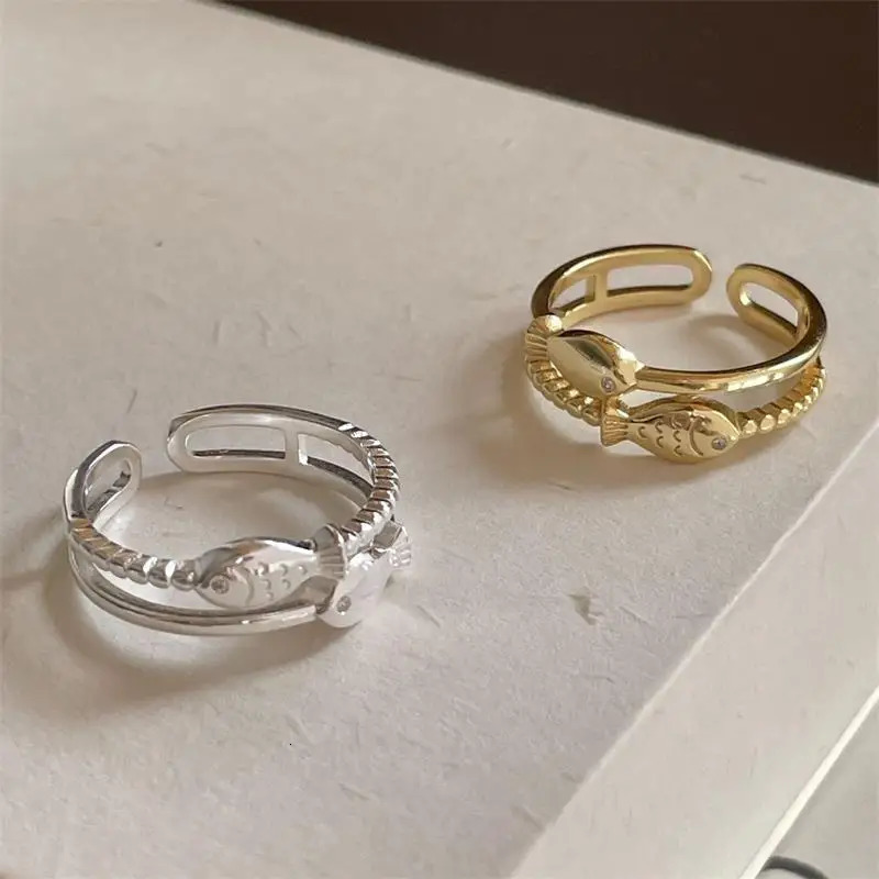 XIYANIKE Double Layer Weave Texture Fish Open Rings For Women Fashion Year Jewelry Valentine Day Gift Party anillos mujer 250723