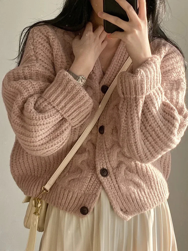 Korean Thick Women Cardigan Knitted Sweater Autumn Winter Chic Loose Long Sleeve Tops Simple Solid Jacket for Women 250728