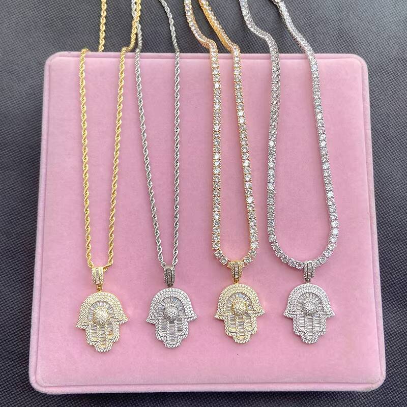 Hip Hop Antique Pendant Charms Gold Crystal Stone Iced Baguette Hamsa Hands Brass Necklace with Zircon Paved Hand Jewelry Making