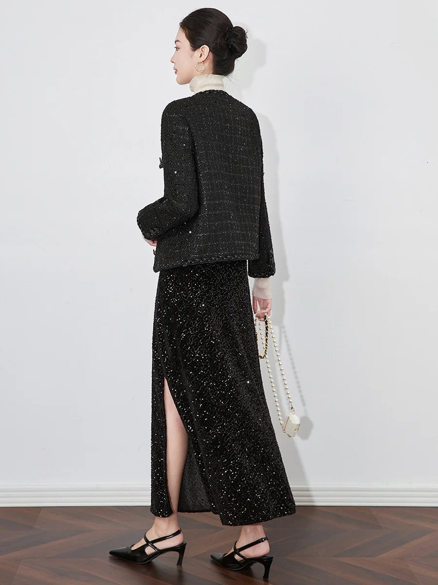 ZJYT Elegant Ladies Black Tweed Woolen Jacket for Women Womens Clothing Winter Coat Single Breasted Outerwear Jacket 250728