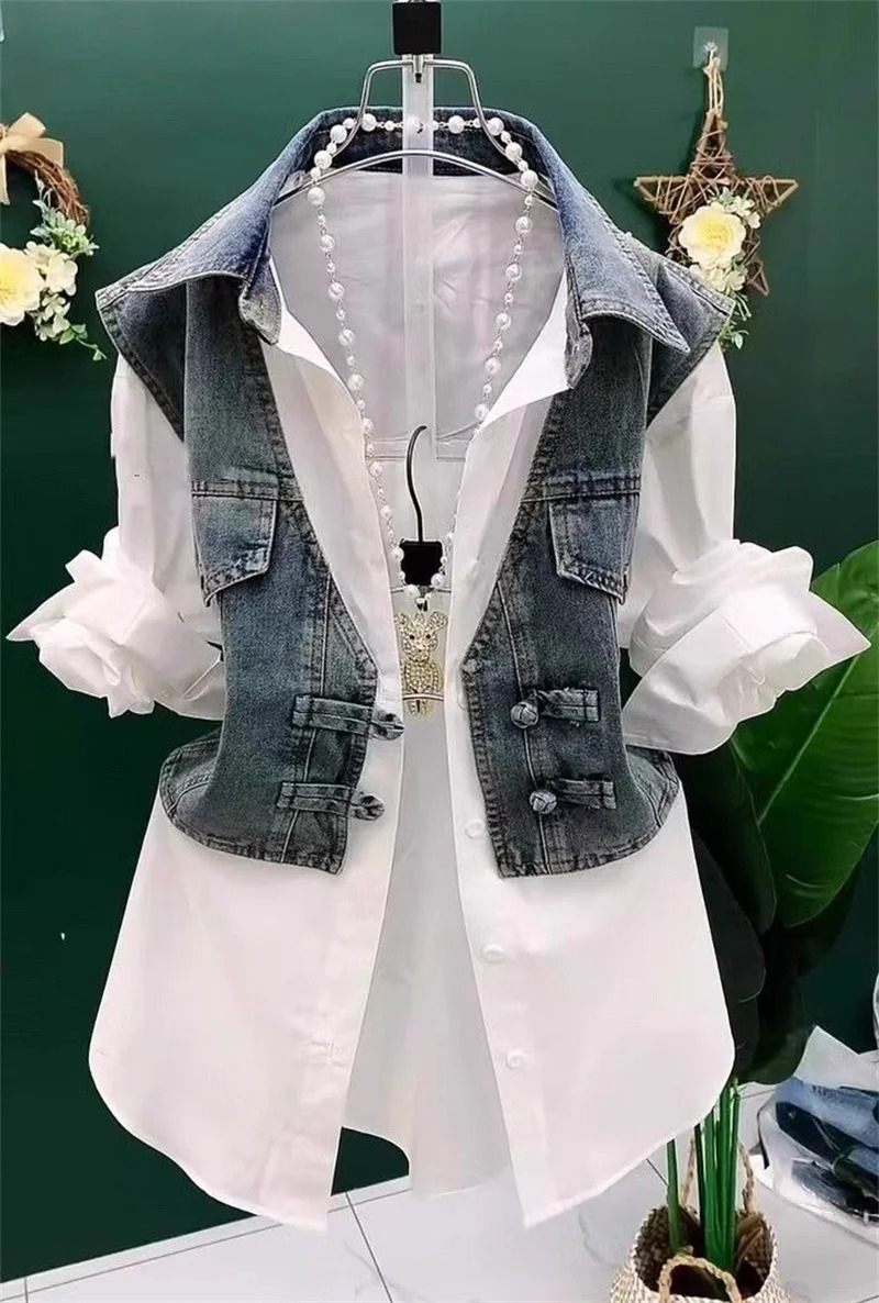 Cow Vest Patchwork Summer Shirt Fake Two-Piece Shirt Womens Cow VPolo Collar Denim Jacket Autumn Button Spring Shirt Lady 250728