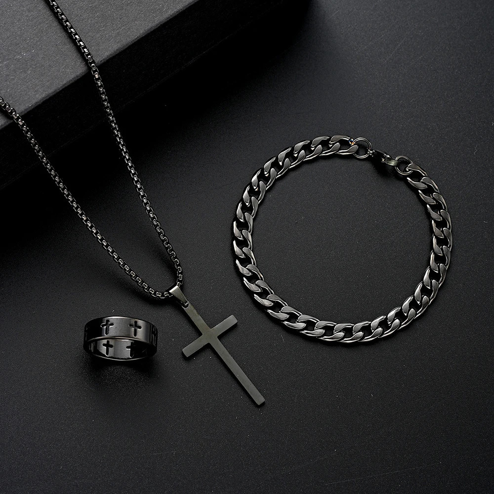 3pcs Set Mens Stainless Steel Metal Cross Pendant Chain Necklace Bracelet Ring Jewelry Male Hip Hop Daily Wear Accessories 250715