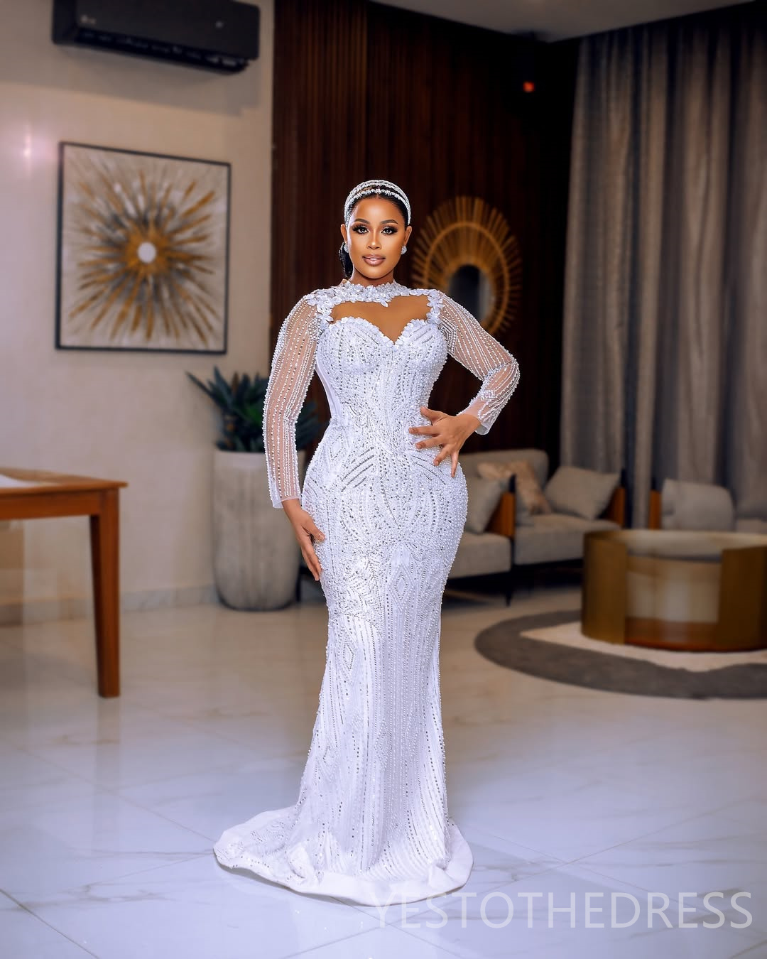 2025 Elegant African Wedding Dress Bridal Gowns For Bride Detachable Train Mermaid Sheer Neck Illusion Long Sleeves Beaded Lace Wedding Gowns For Blac