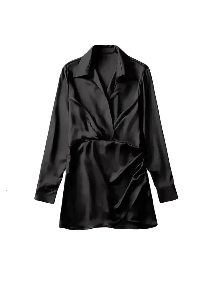 TRZA Women Fashion With Gathered Satin Mini Dress Vintage V Neck Long Sleeve Female Dresses Vestidos Mujer w250728