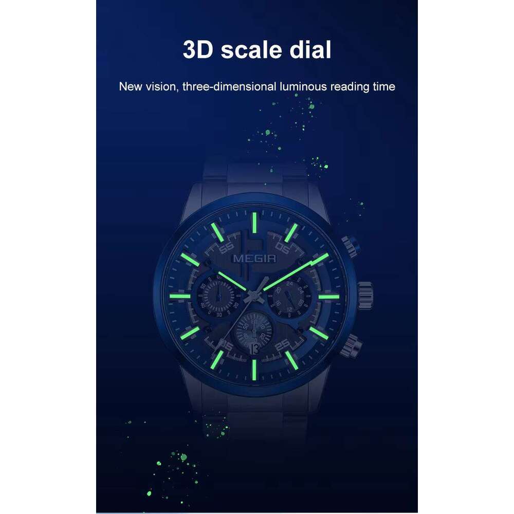 DHgargets MEGIR 2220G Men's Chronograph Watch - 43mm Stainless Steel, Waterproof, Luminous, Date, Business Quartz Watch with Triple Subdials
