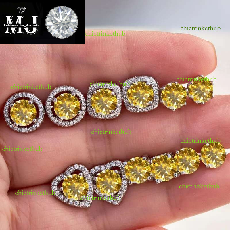 Fashion Sterg Sier Gold Plated Passed Test 1ct Yellow Moissanite Heart Earrings Studs for Men Women