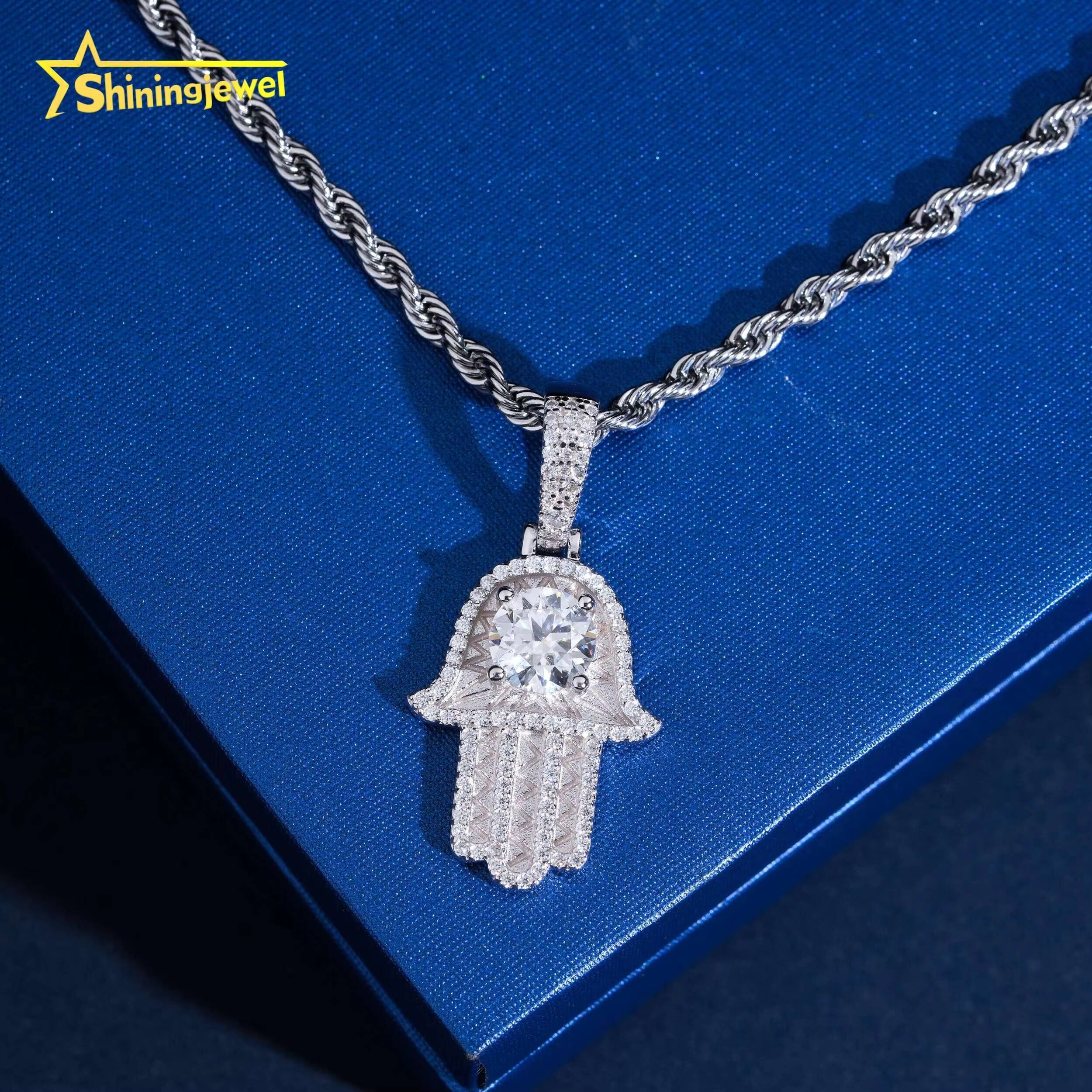 USA Local Fast Shipping 925 Silver VVS Moissanite Pendant Necklace Hip Hop Iced Out Gold Plated Hamsa Hand Moissanite Pendant