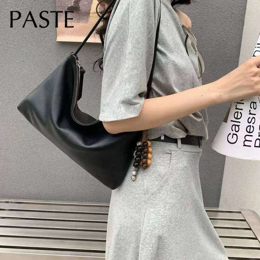 New All-match Lightsome Design Thin Armpit Shoulder Bag Yellow Pink Color Genuine Cow Leather Women's Handbag with String Beads