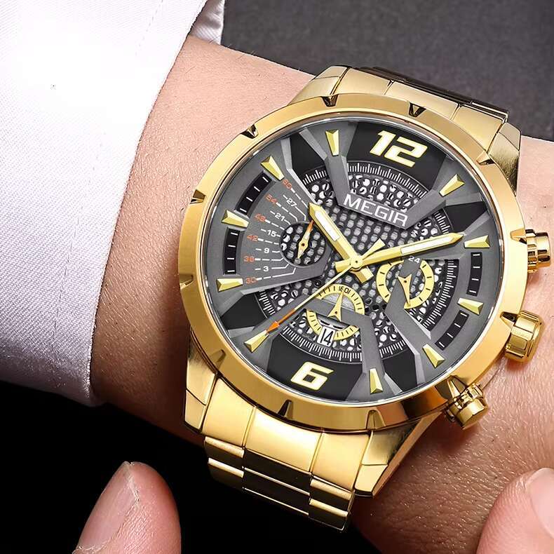 DHgargets MEGIR 2221G Men's Skeleton Chronograph Watch - 47mm Stainless Steel, Waterproof, Luminous, Date, Business Quartz Watch