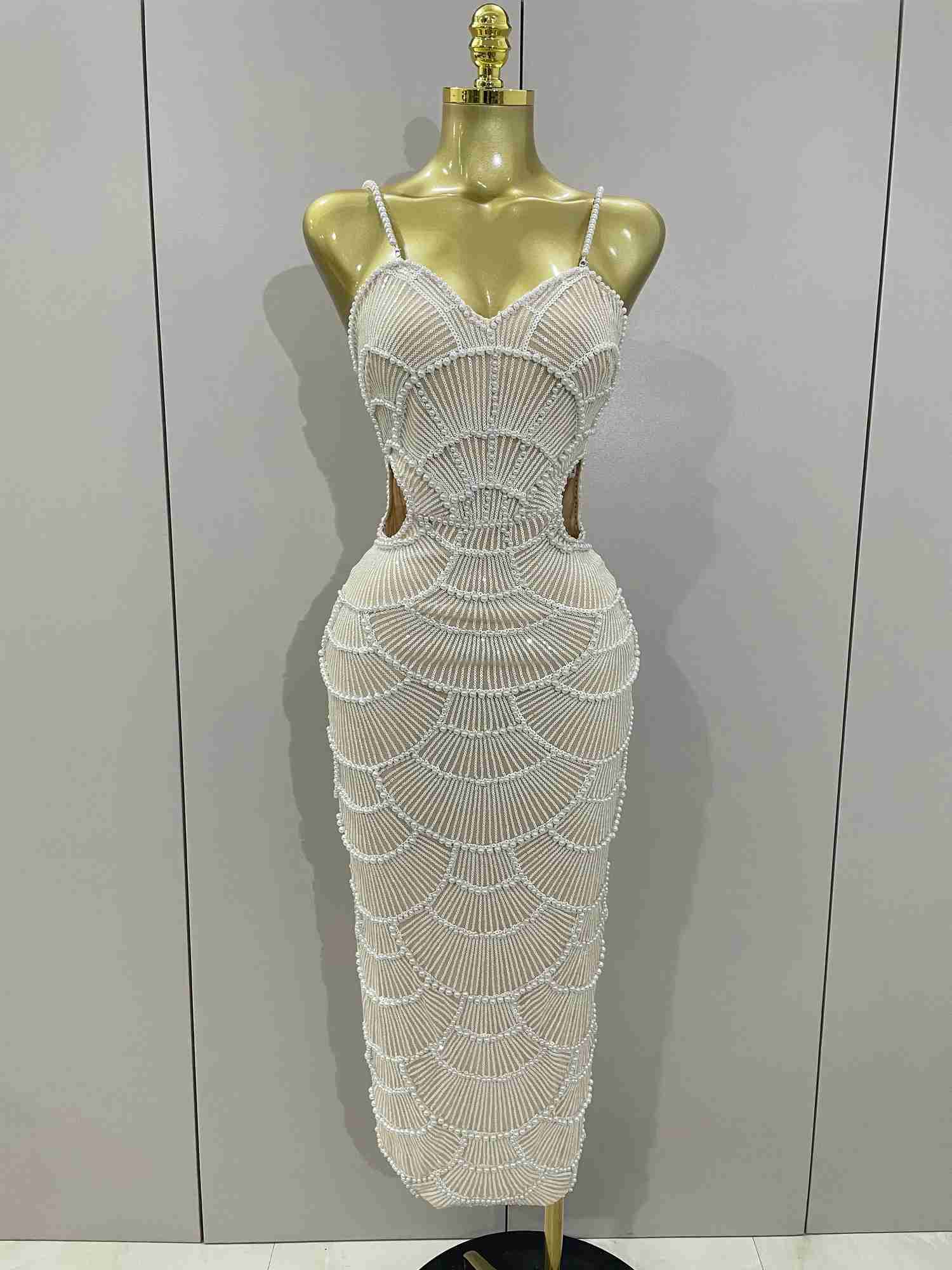 Women Hot Sale Sleeveless Sexy Strap Pearl Beading Sequins Bodycon Long Dress for Celebrating Evening Party Birthday Outfit Vestido Z250728