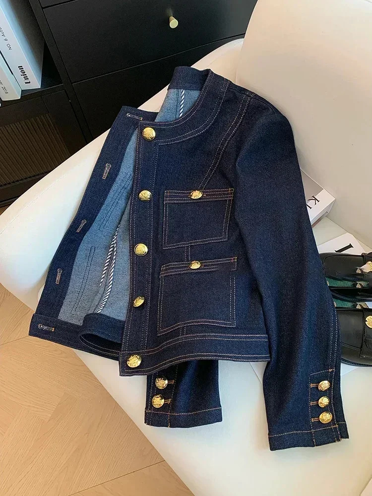 Blue Denim Top Women Autumn Classic Style Short Coat Korean Fashion Chic Pockets O-Neck Female Ropa De Mujer Loose Jackets 250728