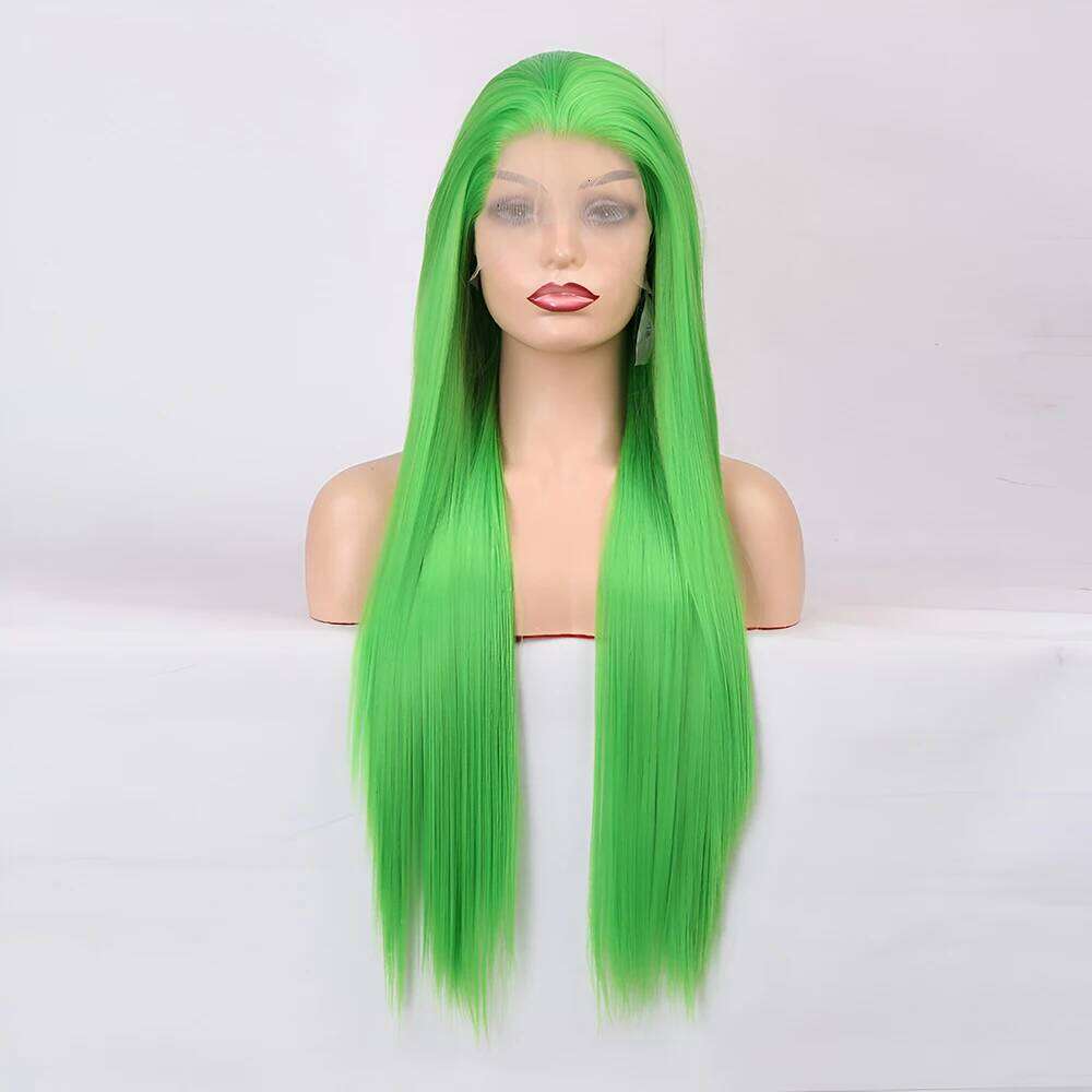 Grass Synthetic Front For Women Human Hair Long Straight Hair Glueless Lace Green Glueles Daily Wear Cosplay Wig