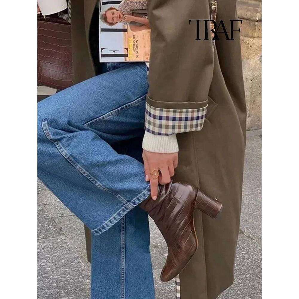 TRAF Women's Fashion Long Trench Retro Loose Single-Breasted Autumn And Winter Lapel High Street Temperament Coat