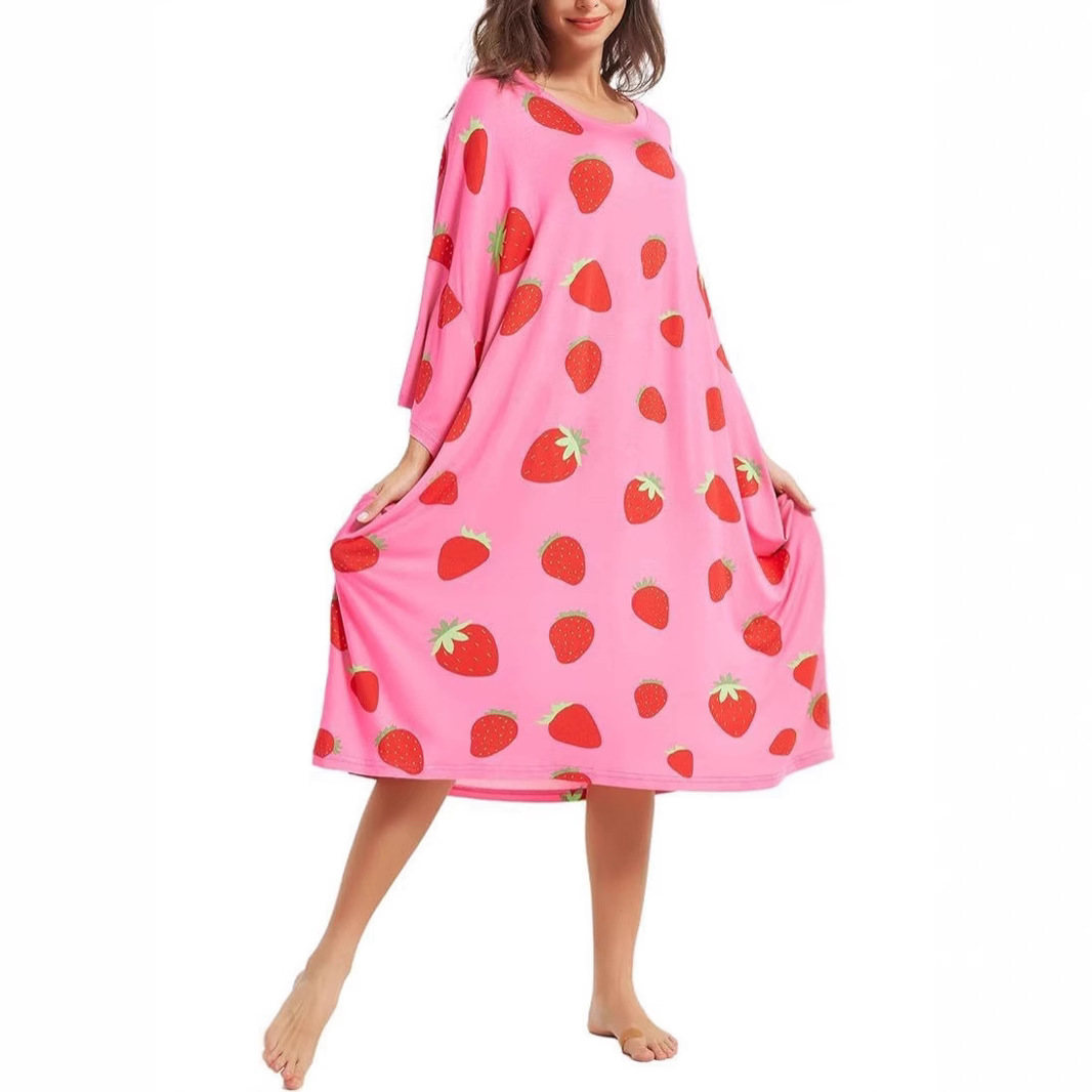 B995-Plus Size Women's Nightgown Home Clothes T-shirt Short Sleeve Printed Pajamas Nightdress with Pockets