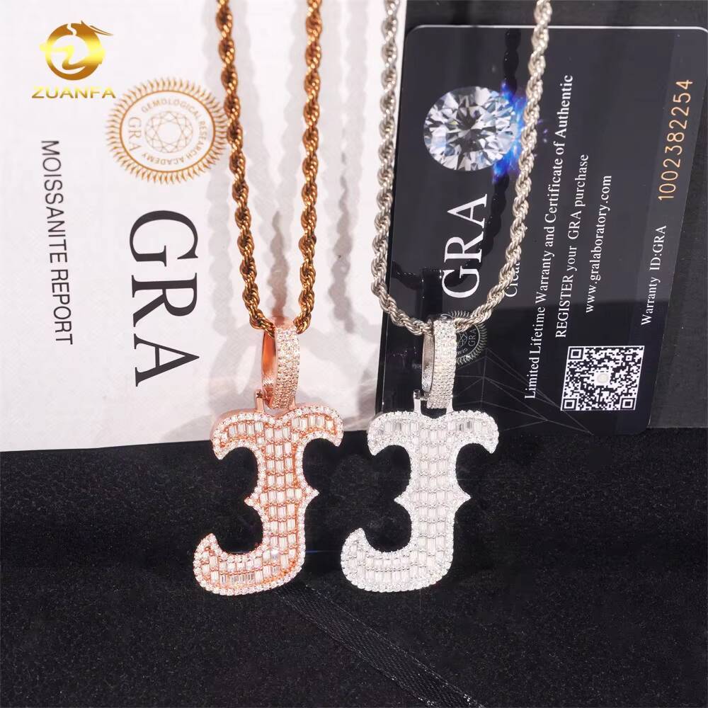 Name Pendant Fashion Baguette Diamond Hip Hop Jewelry Custom Iced Out 925 Silver VVS Moissanite Initial Letter J Pendant Charm