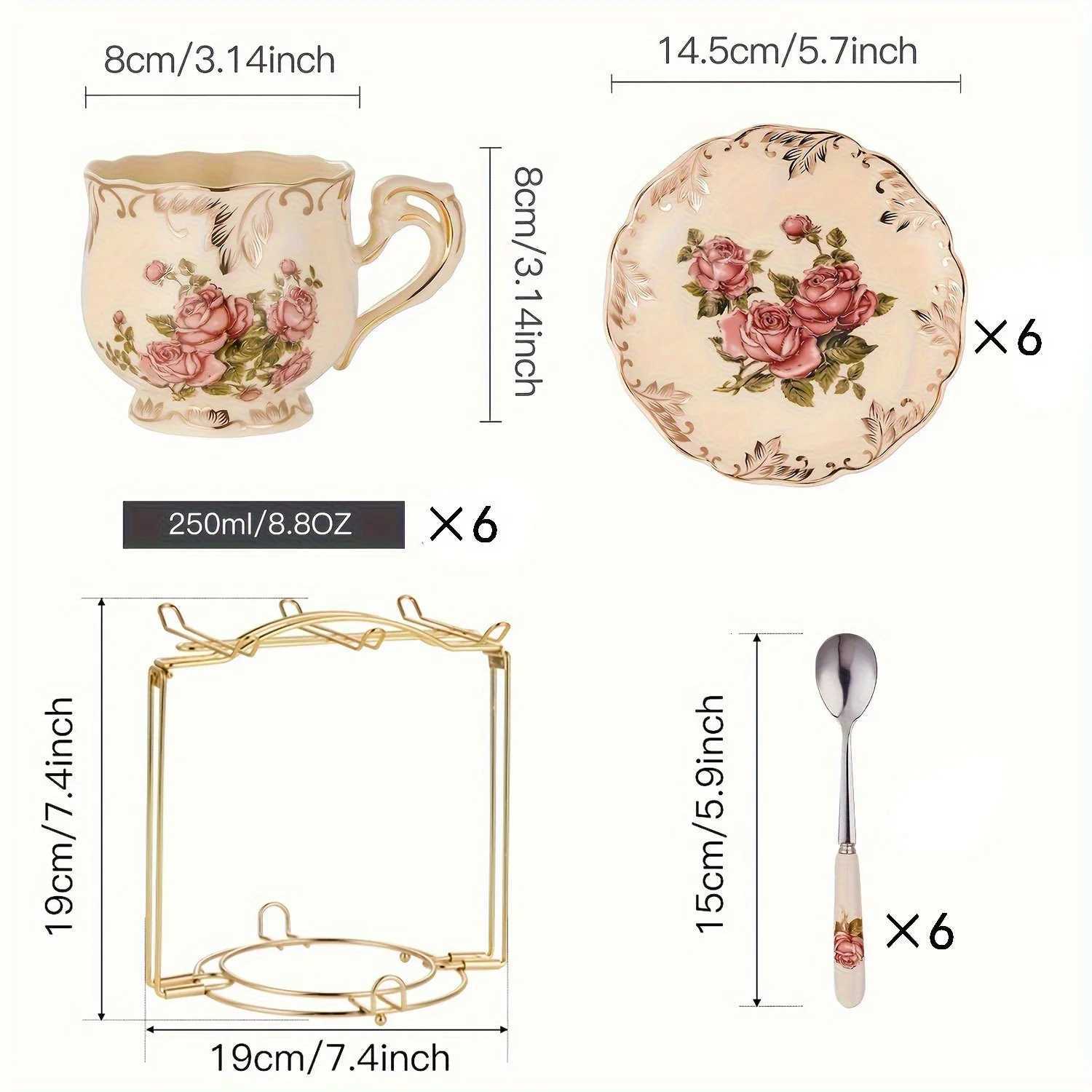 19-Piece European Tea Set - 6 Cups/Saucers/Spoons with Stand Vintage Porcelain for Afternoon Tea Holiday Gifts X250728