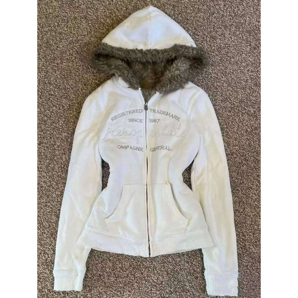 Haruku Korean Aesthetic Vintage Letter Fur Collar Hooded Sweatshirt Kawaii Autumn Winter Clothes Women Y2k Zip Up Hoodie