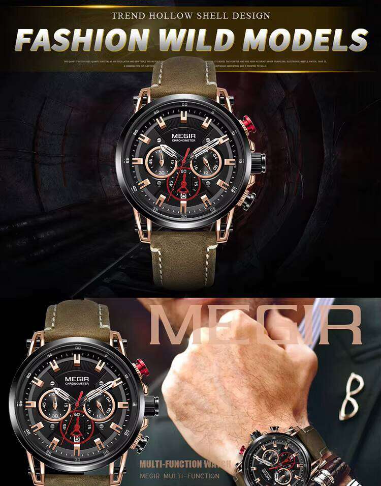 MEGIR Men's Skeleton Sports Watch - 46mm Leather Strap, Waterproof, Chronograph quartz Watch - Bulk Wholesale Watch