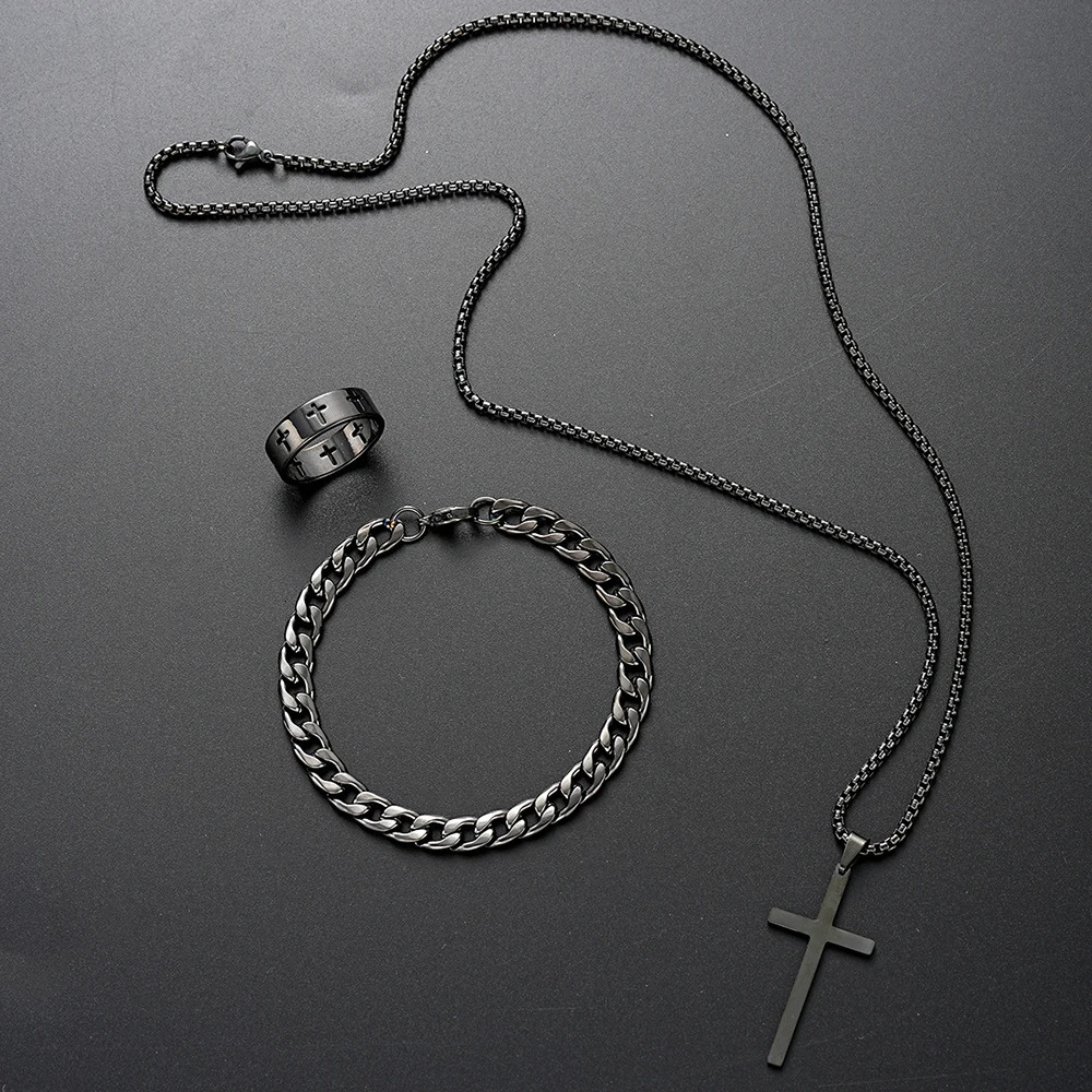 3pcs Set Mens Stainless Steel Metal Cross Pendant Chain Necklace Bracelet Ring Jewelry Male Hip Hop Daily Wear Accessories 250715
