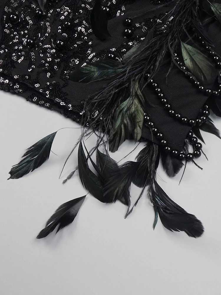 VC Black Long Sleeve Short Dress Turtle Neck Feather Pearl Embellished Handmade Beads Prom Celebrity Cocktail Party Evening Gown Z250728