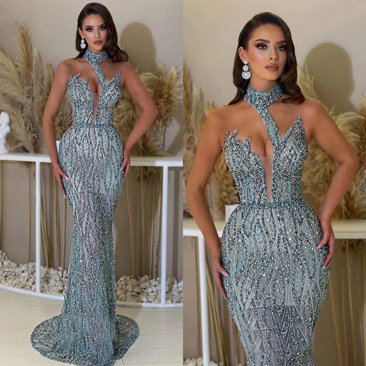 Luxury Evening Dresses Sequins High Neck See Through Mermaid Prom Gowns Sleeveless Rhinestone Customized Sweep Train Formal Occasion Party Dress Vesti