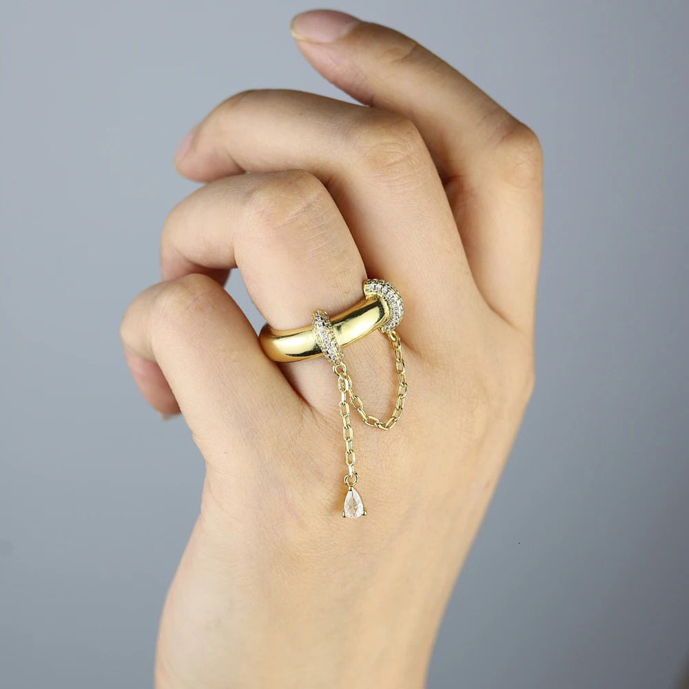 High Qualit Fringe chain Ring Tear Drop Cubic Zirconia Gold Plated Fashion Finger Jewelry for Women 250723