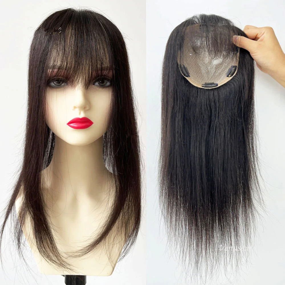 Women Silk Base Human Hair Topper with Air Bangs Virgin European Remy Hair Cover Hand Tied Silk Top Hairpiece with Side Bangs
