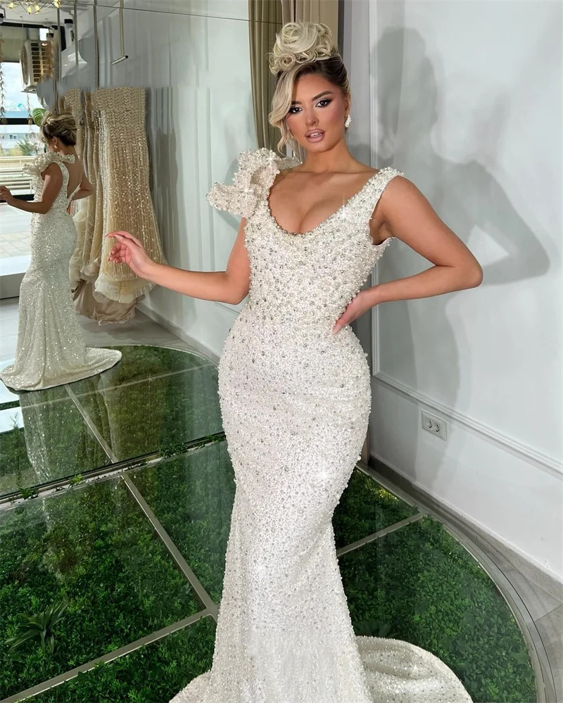 Classic Mermaid Wedding Dress Jewel Neck Sleeveless Bridal Gowns Sequins Pearls 3D Floral Sweep Train Dresses Custom Made vestidos de novia