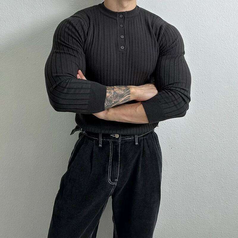 Autumn Clothing Men's Light Knit Korean Popular Henry Collar T-shirt Button-down Long Sleeve Retro Leisure Knitwear