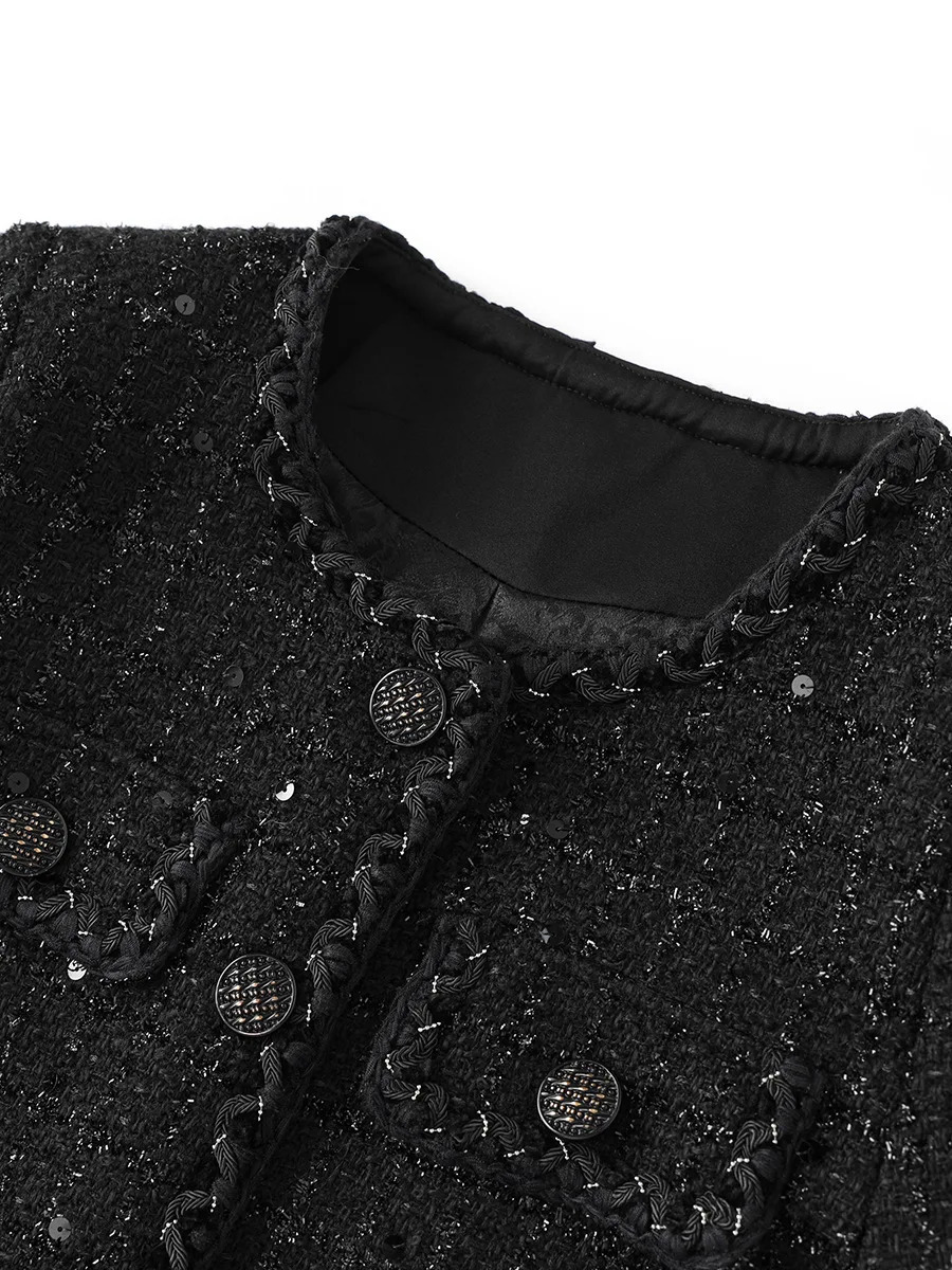 ZJYT Elegant Ladies Black Tweed Woolen Jacket for Women Womens Clothing Winter Coat Single Breasted Outerwear Jacket 250728