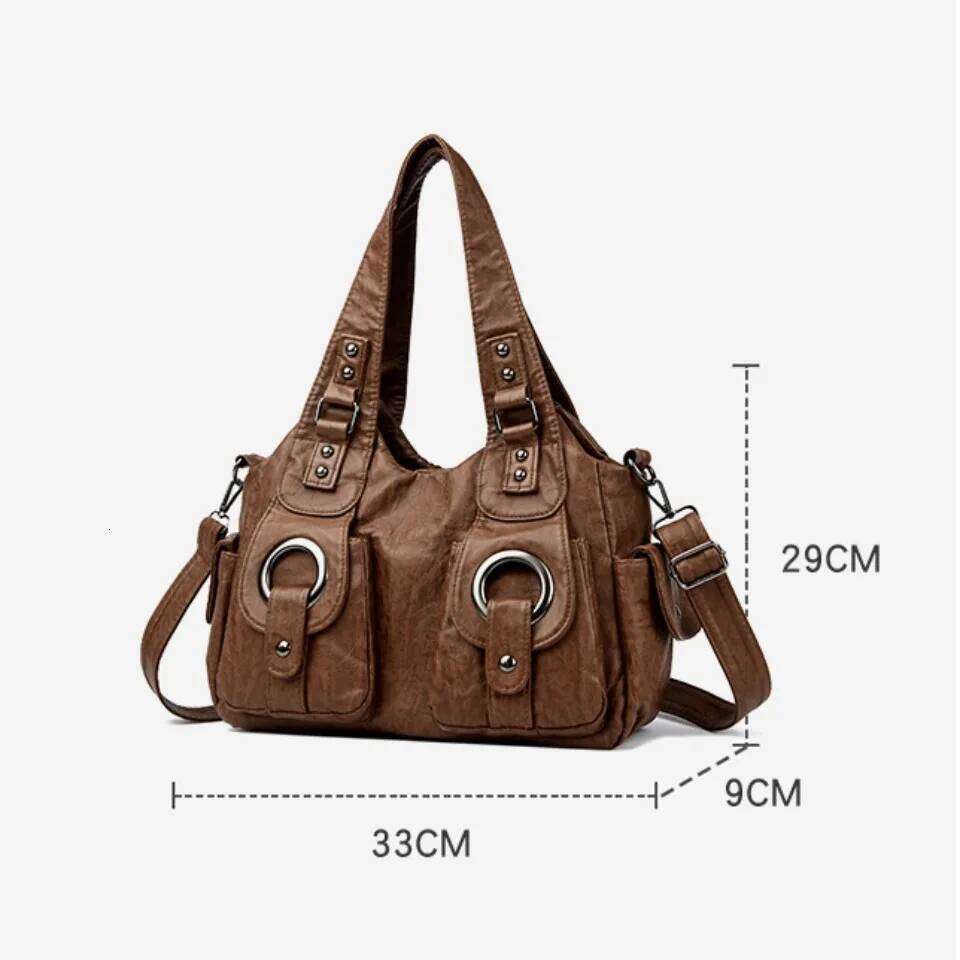 Two Metal Circles High Quality Soft Retro Pu Leather Female Handbags Tote Bags Shoulder Crossbody Bag for Women Mother